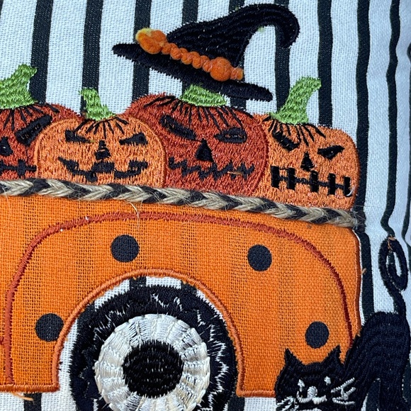 Witch Crafters Halloween Throw Pillow Truck Scene w/ Bats Crows & Pumpkins - Picture 3 of 8
